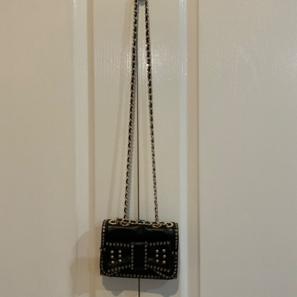 REBECCA MINKOFF Sweetie Studded Bow Black/ Gold Leather Shoulder Bag - Picture 3 of 12